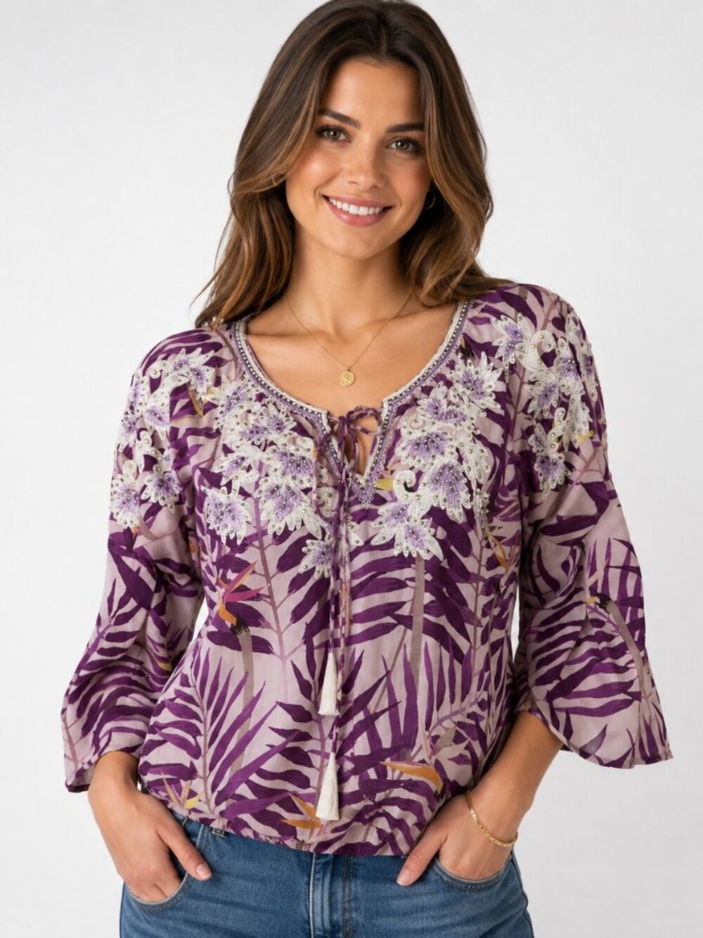 TAJ by Sabrina Crippa Silk Tropical Blouse Purple Beaded Boho Peasant Top S